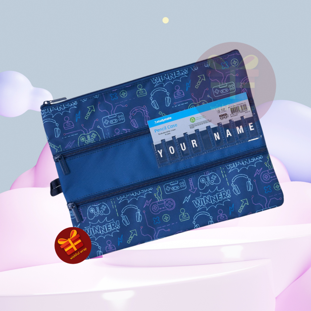 Studymate Large Triple Zip Name Pencil Case Navy Gamer